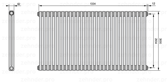 Схема (чертеж) Радиатор Zehnder Charleston 2300/29 №7610 Белый глянцевый RAL 9016